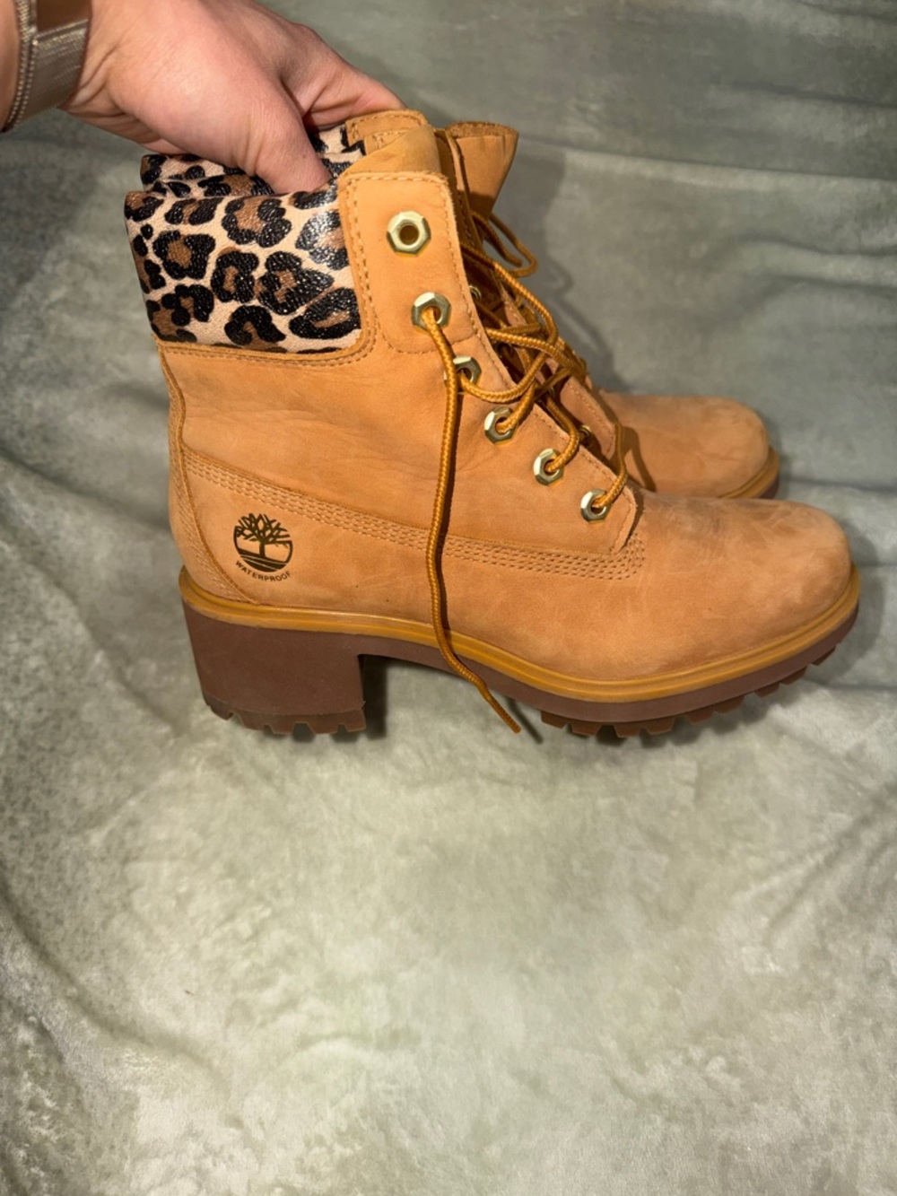 Timberland Wheat Nubuck Lace-Up Ankle Boot with Leopard Accent - Picture 2 of 11